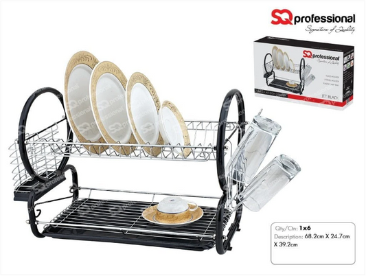 SQ Pro Large 2 Tier Chrome Kitchen Drip Dish Drainer Plates Rack & Glass Holder Black