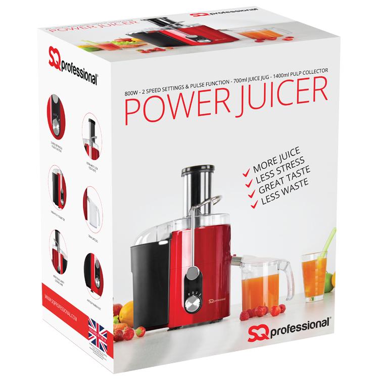 SQ Pro Powerful 800w Power Juicer Whole Fruit & Veg 700ml Jug 1.4L Pulp Collector Red