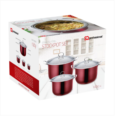 SQ Pro Stainless Steel Stockpot Set of 3 Gems Ruby 10 / 12.30 / 14.60 Litre