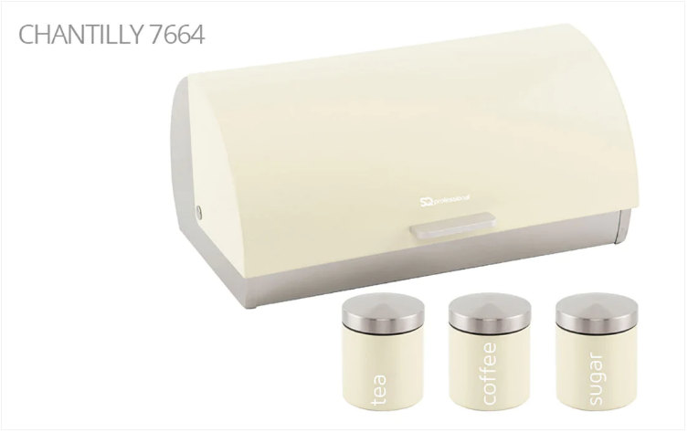 SQ Professional Dainty Metal Bread Bin with 3 Canisters Chantilly Cream