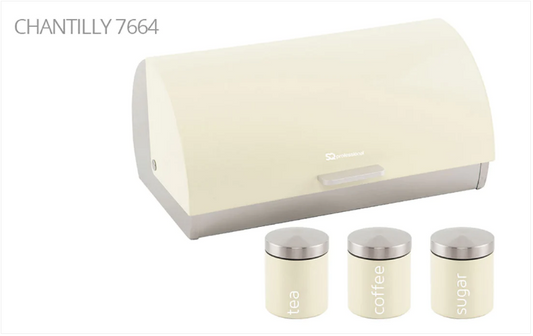 SQ Professional Dainty Metal Bread Bin with 3 Canisters Chantilly Cream