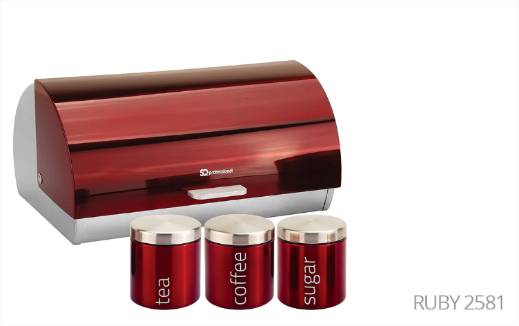 SQ Professional Gems Metal Bread Bin with 3 Canisters Assorted Colours