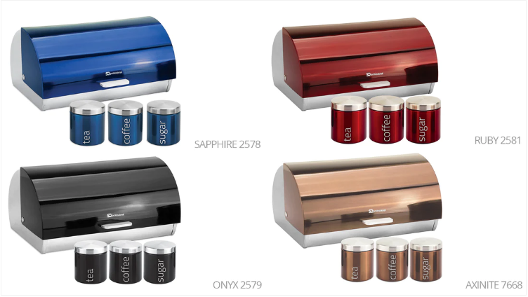 SQ Professional Gems Metal Bread Bin with 3 Canisters Assorted Colours