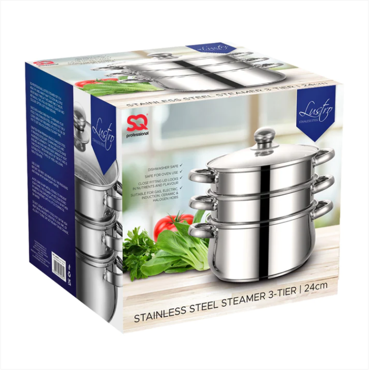 SQ Professional Lustro Stainless Steel Steamer 3 Tier 24 cm 3L