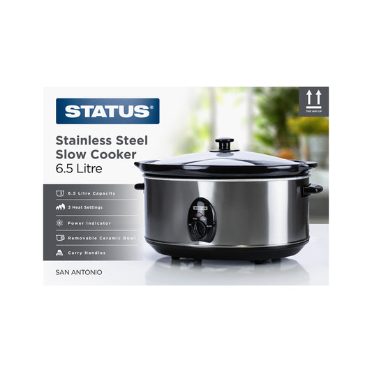 San Antonio - Stainless Steel - 320w - 6.5 Litre - Oval Slow Cooker - 3 Settings - 1 pk - in Glossy Retail Box