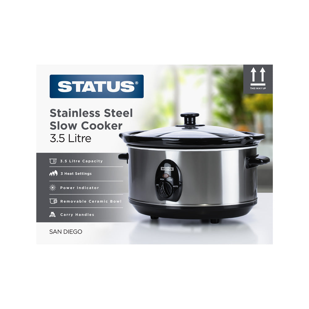 San Diego - Stainless Steel - 200w - 3.5 Litre - Oval Slow Cooker - 3 Settings - 1 pk - in Glossy Retail Box