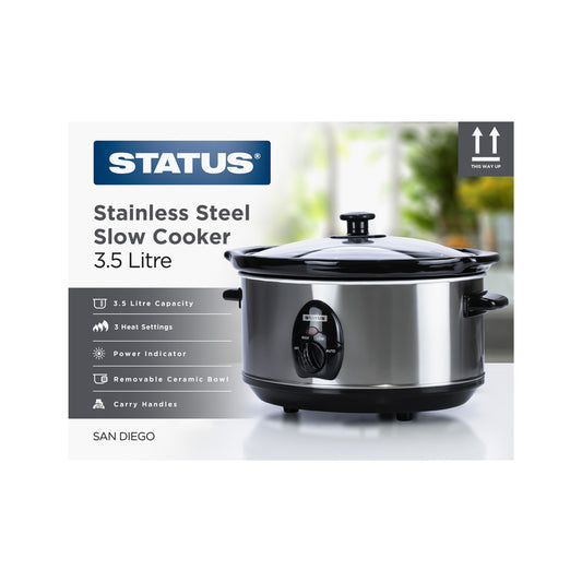 San Diego - Stainless Steel - 200w - 3.5 Litre - Oval Slow Cooker - 3 Settings - 1 pk - in Glossy Retail Box