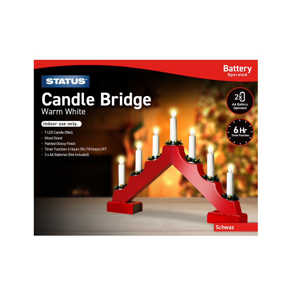 Schwarz - 7 - Warm White - LED - Indoor Only - Battery Operated - Candle Bridge - Red - 6 Hour Timer Function - 2 x AA Batteries (Not Included) - IP20 Rated - 1 Pack Glossy Box