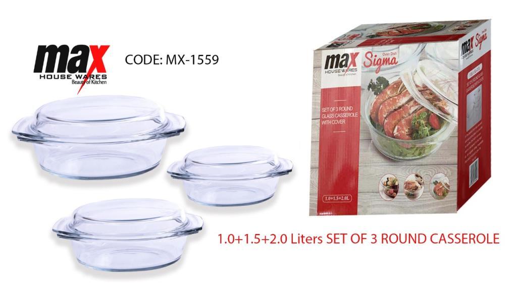 Set Of 3 Round Casserole Dishes With Lids 1.0L+1.5L+2.0L