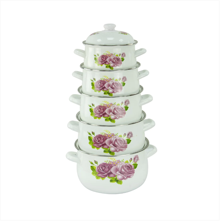 Set Of 5 Roses Design Stock Pot Kitchen Food Storage Enamel Pots