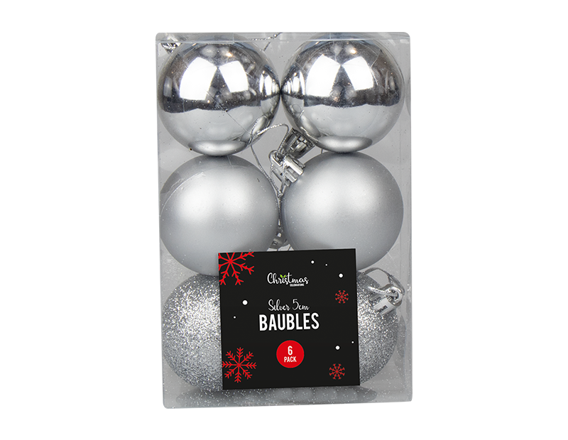 Silver Assorted Baubles 5cm Dia - 6pk