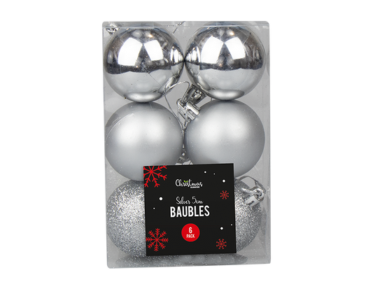 Silver Assorted Baubles 5cm Dia - 6pk