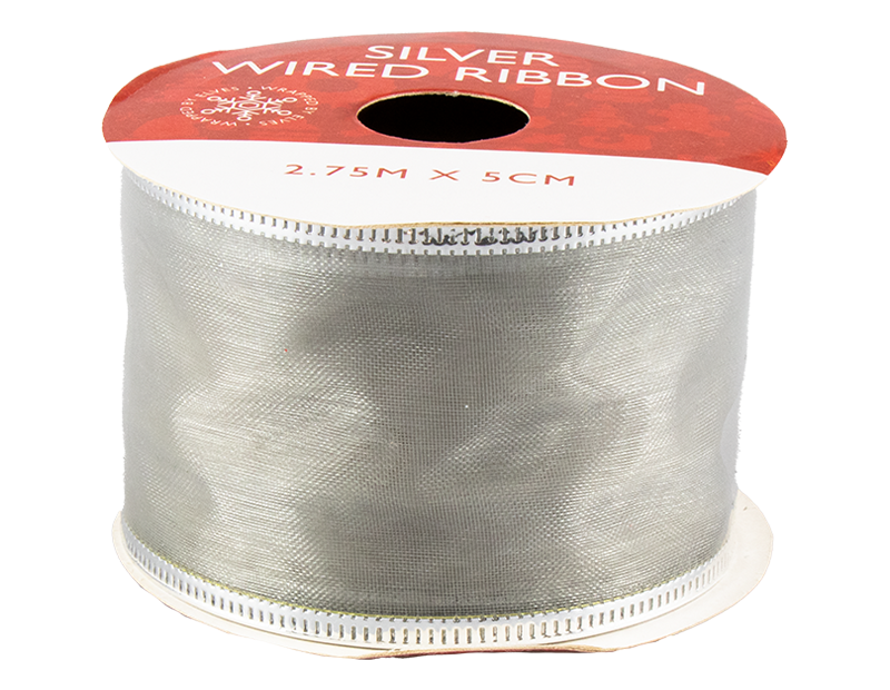 Silver Christmas Wired Ribbon 5cm x 2.75m (With PDQ)