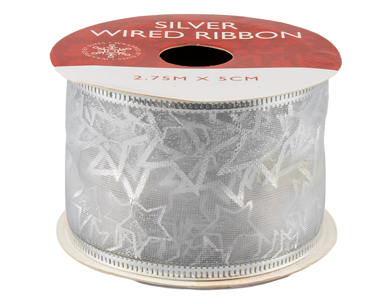 Silver Christmas Wired Ribbon 5cm x 2.75m (With PDQ)