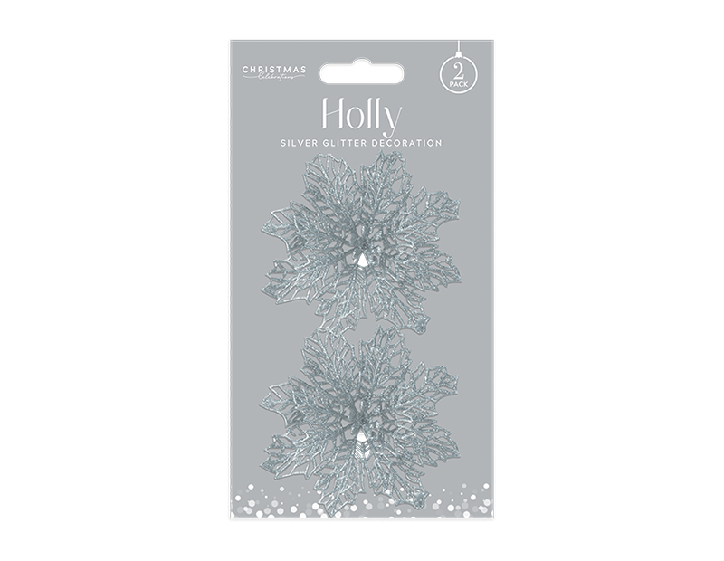 Silver Holly Decoration 12cm - 2 Pack