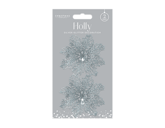 Silver Holly Decoration 12cm - 2 Pack