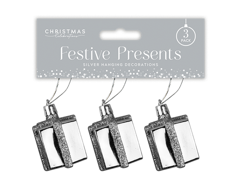 Silver Present Decorations - 3pk