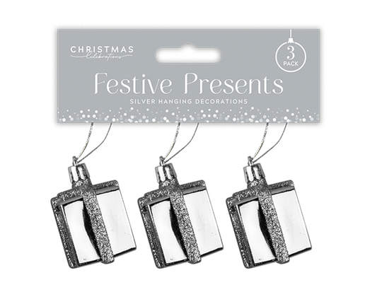 Silver Present Decorations - 3pk