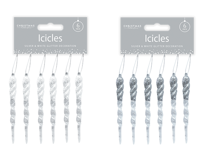 Silver & White Acrylic Glitter Icicles - 6 Pack 13cm x 1cm