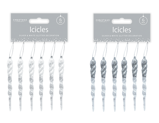 Silver & White Acrylic Glitter Icicles - 6 Pack 13cm x 1cm