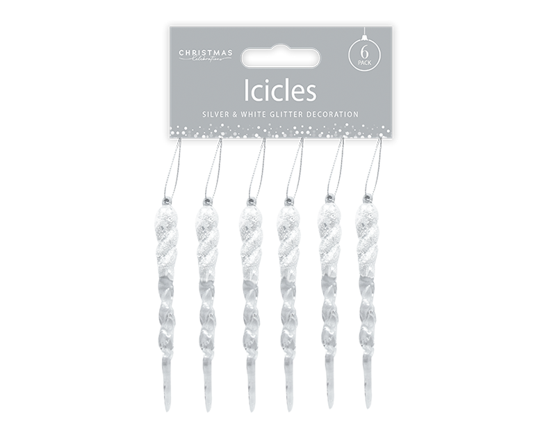 Silver & White Acrylic Glitter Icicles - 6 Pack 13cm x 1cm