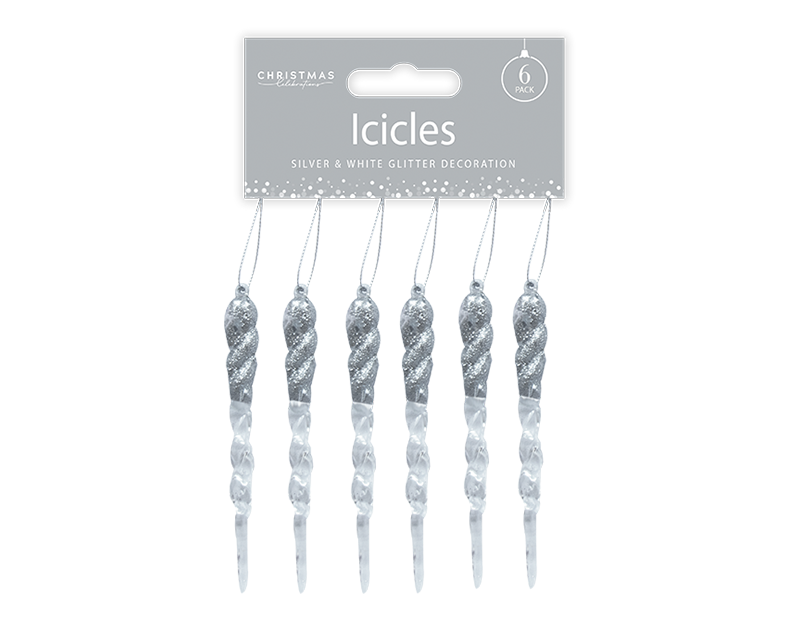 Silver & White Acrylic Glitter Icicles - 6 Pack 13cm x 1cm