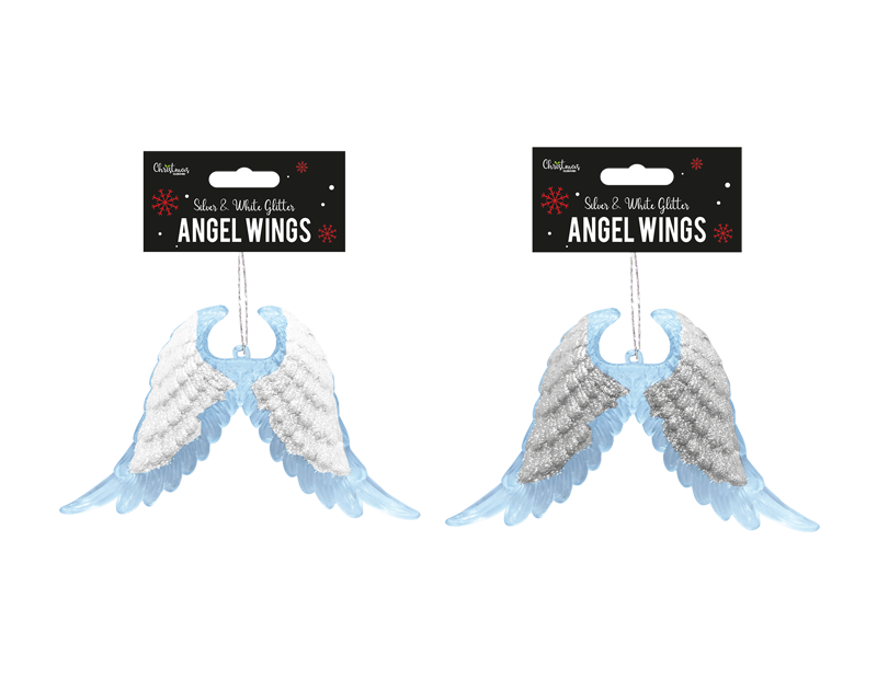 Silver & White Glitter Acrylic Angel Wings Decoration 11cm x 16.5cm