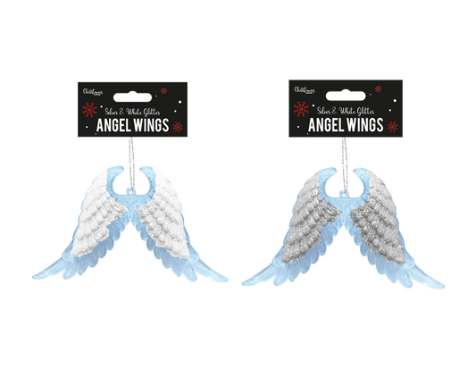 Silver & White Glitter Acrylic Angel Wings Decoration 11cm x 16.5cm