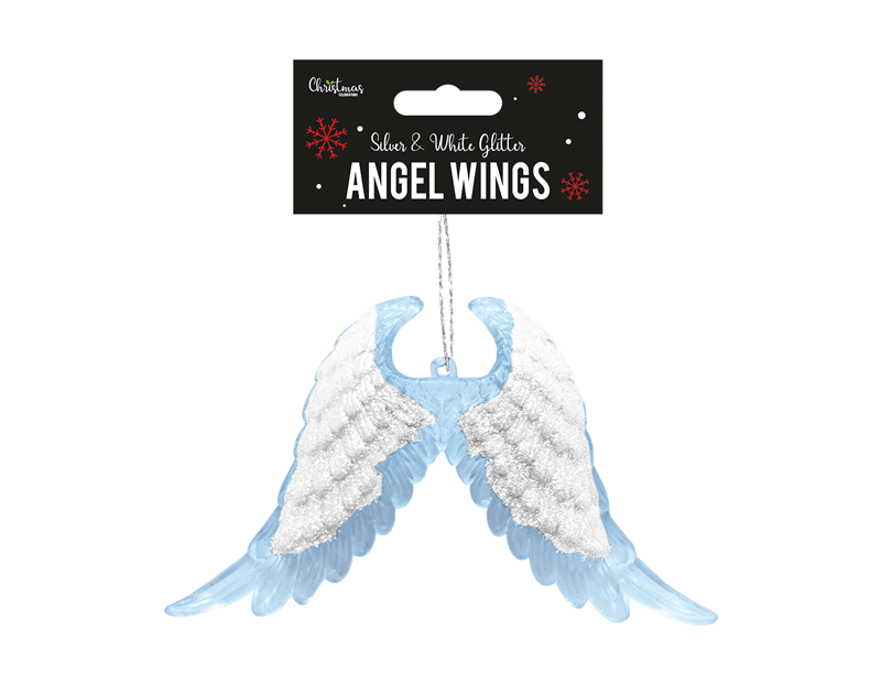 Silver & White Glitter Acrylic Angel Wings Decoration 11cm x 16.5cm