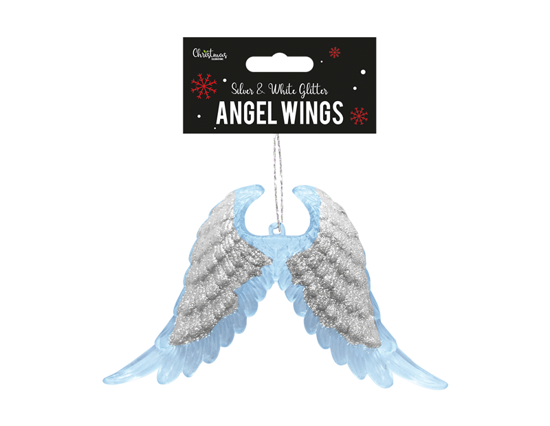 Silver & White Glitter Acrylic Angel Wings Decoration 11cm x 16.5cm