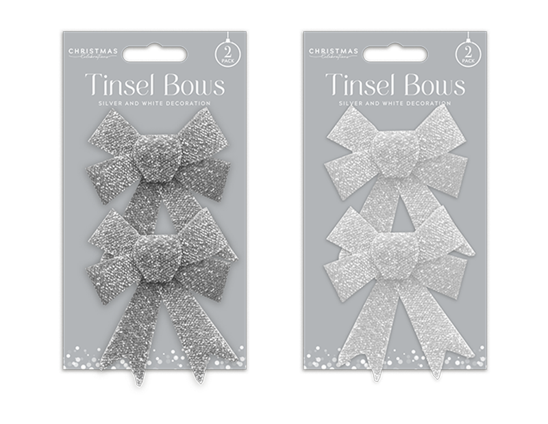 Silver & White Glitter Tinsel Bows - 2 Pack