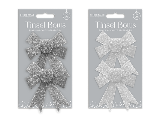 Silver & White Glitter Tinsel Bows - 2 Pack