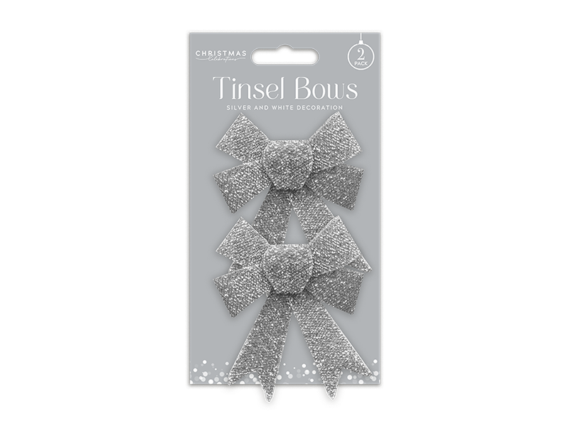 Silver & White Glitter Tinsel Bows - 2 Pack