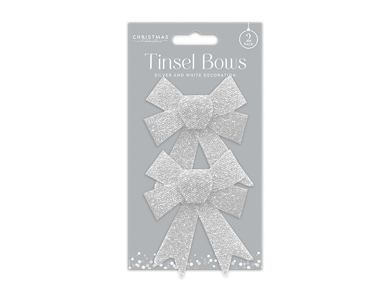 Silver & White Glitter Tinsel Bows - 2 Pack