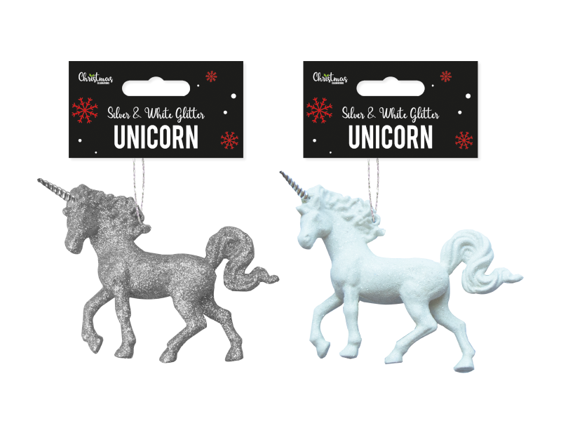 Silver & White Glitter Unicorn Decoration