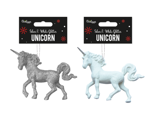 Silver & White Glitter Unicorn Decoration