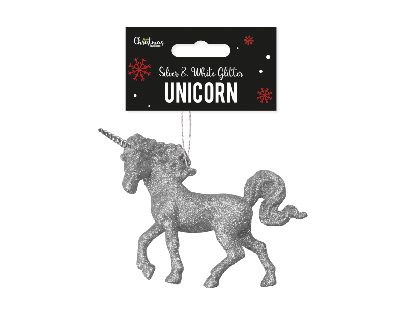 Silver & White Glitter Unicorn Decoration