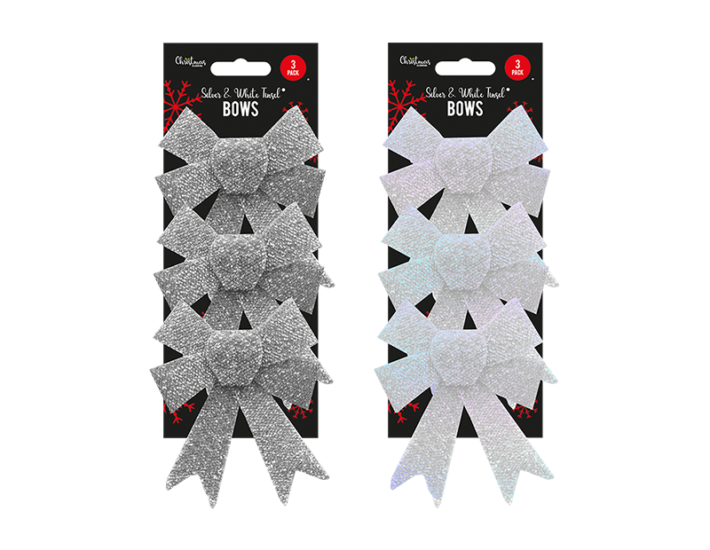 Silver & White Tinsel Bows - 3 Pack