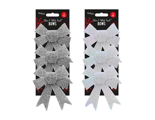 Silver & White Tinsel Bows - 3 Pack