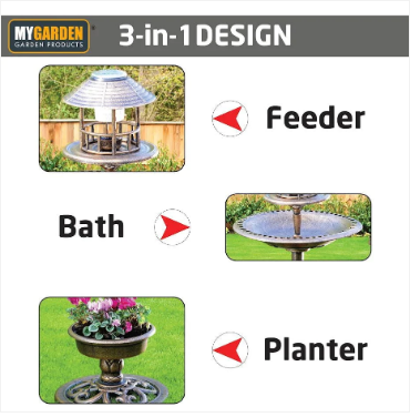 Solar Powered 3 In 1 Bird Bath Planter Garden Decoration