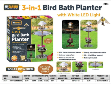 Solar Powered 3 In 1 Bird Bath Planter Garden Decoration