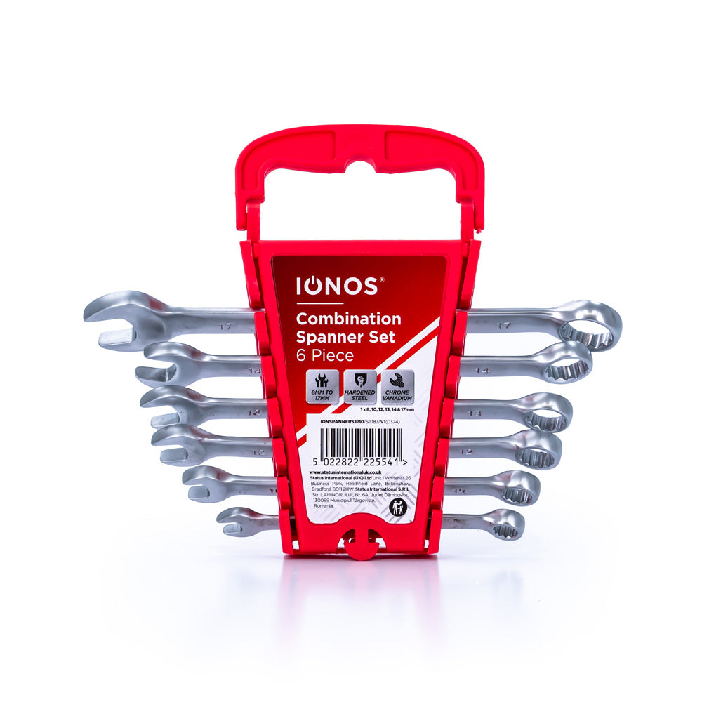 Spanner Set - drop forged carbon steel - 8mm/10mm/12mm/13mm/14mm/17mm - combination open end and 12 point/15° offset ring end - red storage rack - Ionos - 1 pk