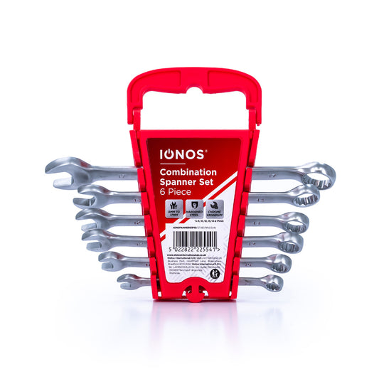 Spanner Set - drop forged carbon steel - 8mm/10mm/12mm/13mm/14mm/17mm - combination open end and 12 point/15° offset ring end - red storage rack - Ionos - 1 pk