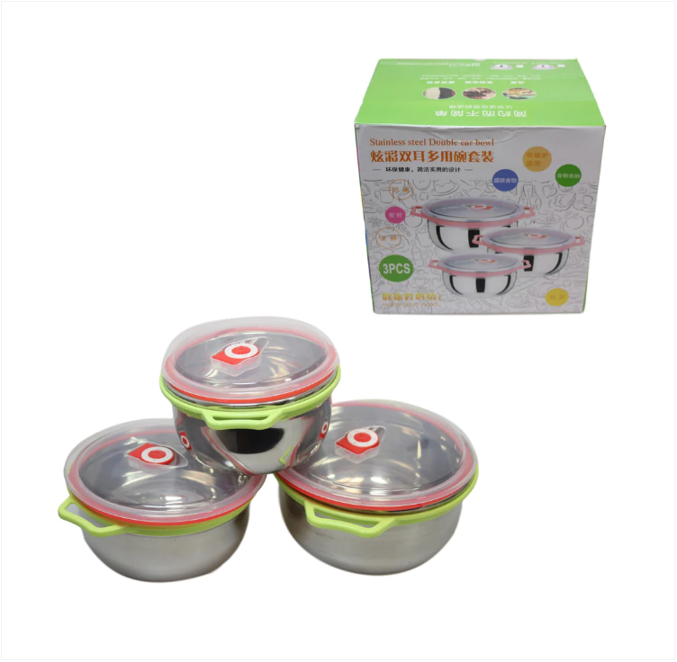 Stainless Steel 3 Pack Kitchen Bowl Set With Plastic Clear Lid Multipurpose Use