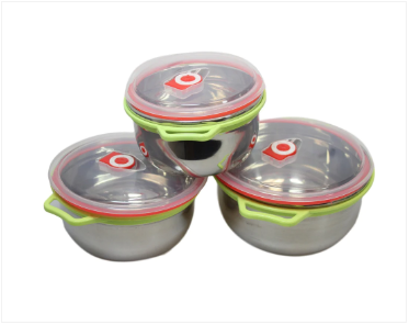 Stainless Steel 3 Pack Kitchen Bowl Set With Plastic Clear Lid Multipurpose Use