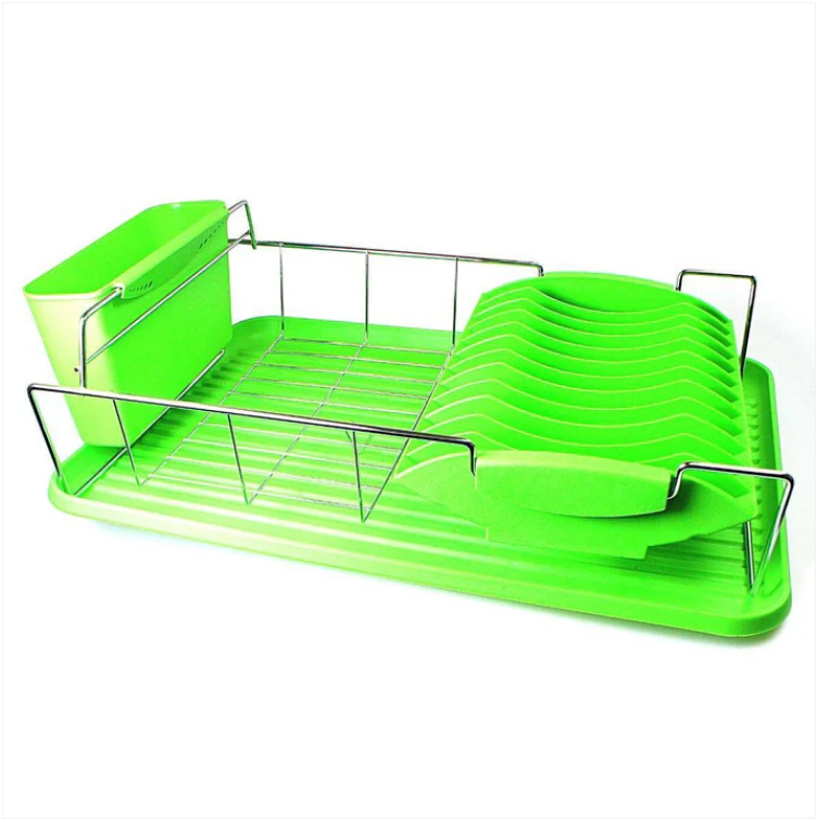 Stainless Steel Plastic Dish Drainer With Drip Tray & Separate Utensil Holder