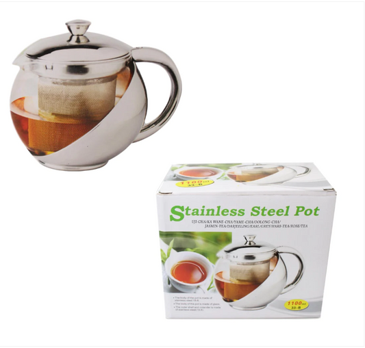 Stainless Steel Pot Tea Coffee Filter Jug Clear Glass Fancy Dining 1100ml 10cm x 15cm