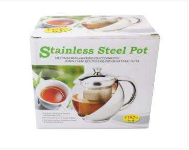 Stainless Steel Pot Tea Coffee Filter Jug Clear Glass Fancy Dining 1100ml 10cm x 15cm