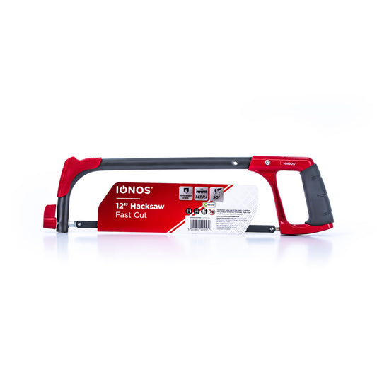 Standard Hacksaw - 300mm - red square laquered steel tube blow frame - black rubberised grip - colour card sleeve - Ionos - 1pk