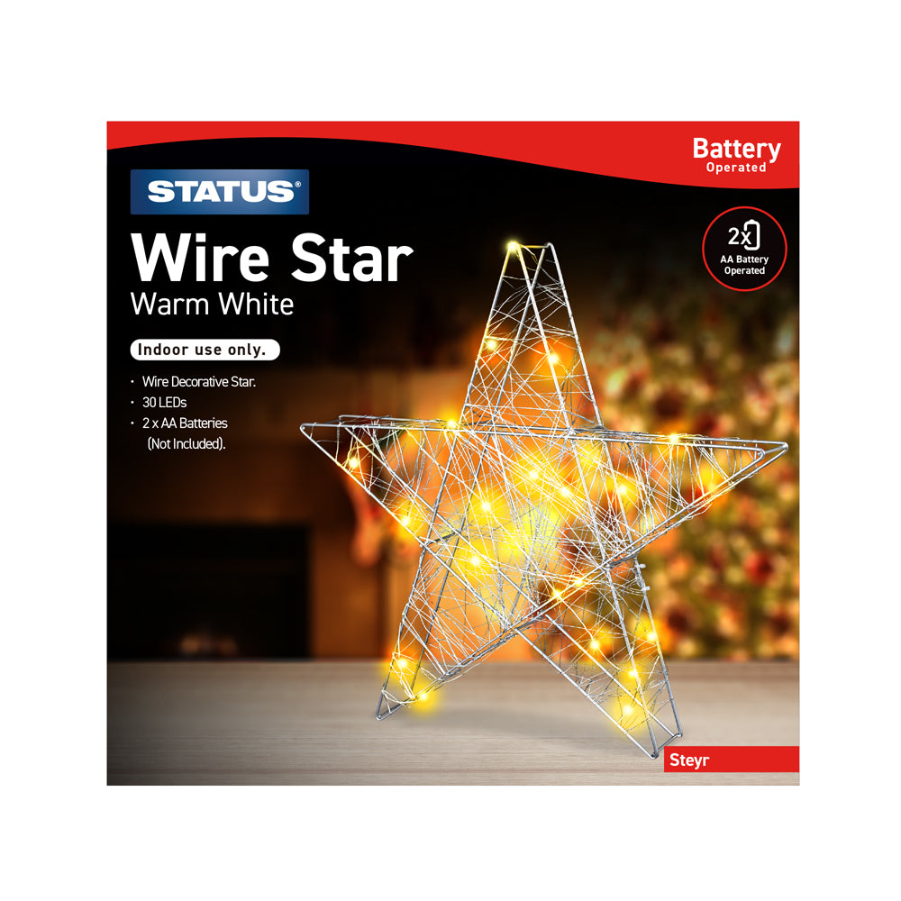 Steyr - 30 - Warm White - LED - Indoor Only - Battery Operated - Wire Star - 2 x AA Batteries (Not Included) - IP20 Rated - 1 Pack Glossy Box